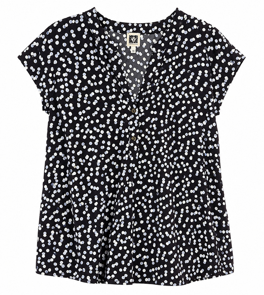 Anne Klein Womens L Navy Polka Dot Blouse Cap Sleeve Split Neck Top Soft Work - Picture 1 of 6